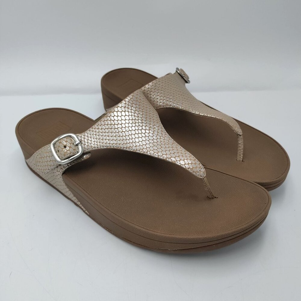 Fitflop THE SKINNY Women's 10 EU 42 Brown Silver Metallic Thong Sandals Buckle